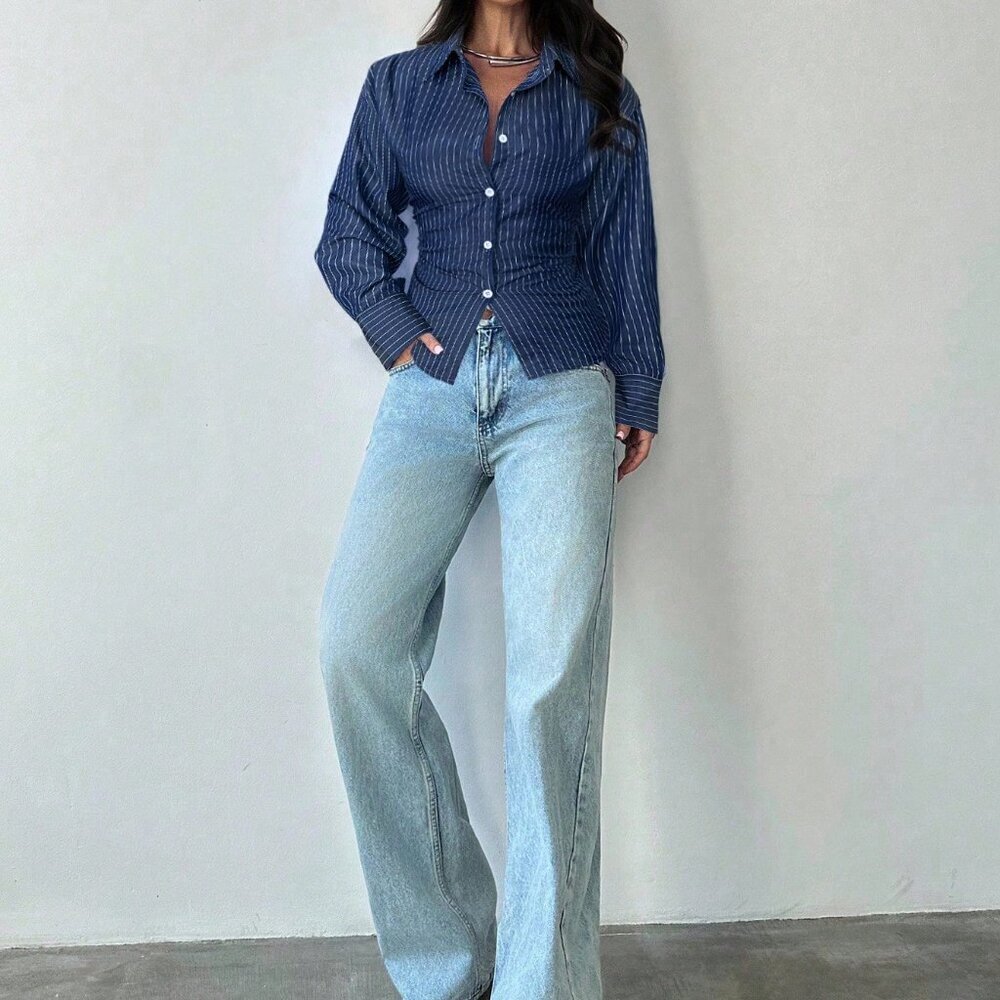 Navy Blue Long Sleeve Tie-Waist Blouse - Picture 6 of 6
